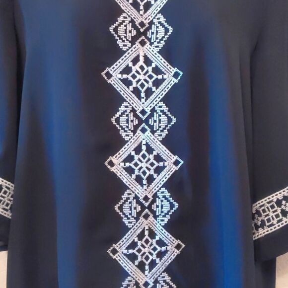 EXHILARATION Dressy Blouse Top Semi-Sheer Navy Embroidered Boho Size M - Picture 2 of 7